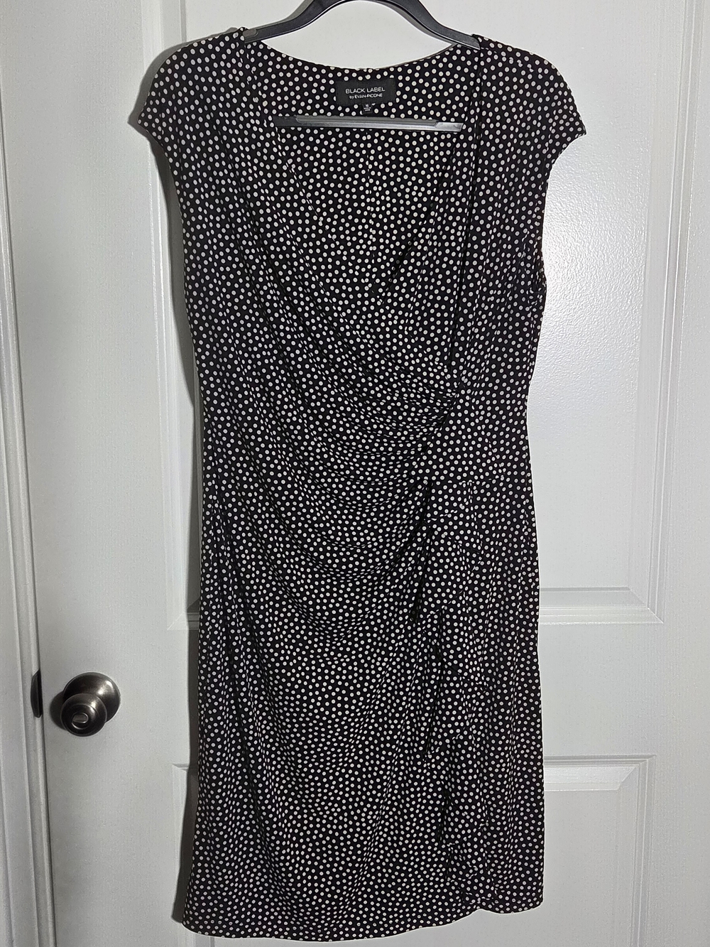 Black Label Evan Picone Women 16 Black White Polka Dot Ruffle Dress Short Sleeve